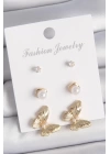 Pirinç Gold Renk Zirkon Taşlı İşlemeli Motif Model 3 Çift Kadın Küpe Seti
