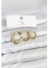 Pirinç Gold Renk Zirkon Taşlı Petek Halka Model YSX Trio Küpe Seti