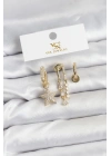 Pirinç Gold Renk Zirkon Taşlı Yıldız Vintage Model YSX Trio Küpe Seti