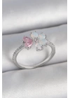 Pirinç Gümüş Renk Beyaz Mineli Pembe Zirkon Taşlı Çiçek Model Kadın Yüzük