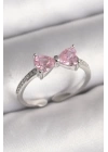 Pirinç Gümüş Renk Pembe Zirkon Taşlı Kalp Fiyonk Model Kadın Yüzük