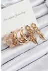 Pirinç Halka Ve Zincir Model Gold Renk Kadın Set Küpe