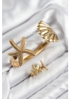 Pirinç İstiridye Ve Deniz Yıldızı Model Gold Renk Bileklik Yüzük Set