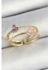 Pirinç Kalp Ve Çiçek Figürlü Zirkon Taşlı Gold Renk Ayarlanabilir Kadın Yüzük