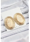 Pirinç Mermer Desenlli Bej Sedef Oval Vintage Model Gold Renk Kadın Küpe