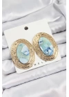 Pirinç Mermer Desenlli Mavi Sedef Oval Vintage Model Gold Renk Kadın Küpe
