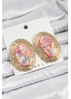 Pirinç Mermer Desenlli Pembe Sedef Oval Vintage Model Gold Renk Kadın Küpe
