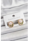 Pirinç Pembe Mineli Lale Figürlü Sanatsal Portre Model Gold Renk Kadın Küpe