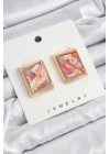 Pirinç Pembe Üçgen Kesim Detaylı Kare Model Vintage Gold Renk Kadın Küpe