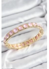 Pirinç Pembe Zirkon Taşlı Kare Model Gold Renk Lastikli Kadın Bileklik