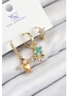 Pirinç Zirkon Taşlı 3lü Arı Ve Çiçek Model Gold Renk Kadın Küpe
