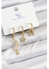 Pirinç Zİrkon Taşlı Ay Ve Hilal Model Gold Renk 3lü Kadın Küpe
