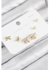 Pirinç Zirkon Taşlı Fiyonk Model Gold Renk 925 Ayar Gümüş Çivi Kadın Küpe Set
