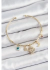 Pirinç Zirkon Taşlı Güneş Ay Nazar Model Gold Renk Charm Bileklik