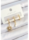 Pirinç Zirkon Taşlı Güneş Model Gold Renk 3lü Çift Kadın Küpe Set