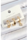 Pirinç Zirkon Taşlı Halka Model Gold Renk 3lü Çift Kadın Küpe Set
