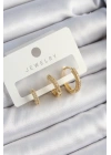 Pirinç Zirkon Taşlı Halka Model Gold Renk 3lü Çift Kadın Küpe Set