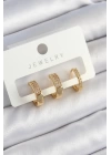 Pirinç Zirkon Taşlı Halka Model Gold Renk 3lü Çift Kadın Küpe Set
