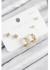 Pirinç Zirkon Taşlı Halka Model Gold Renk 925 Ayar Gümüş Çivi Kadın Küpe Set