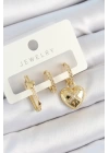 Pirinç Zirkon Taşlı Kalp Model Gold Renk 3lü Çift Kadın Küpe Set