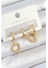Pirinç Zirkon Taşlı Kalp Model Gold Renk 3lü Çift Kadın Küpe Set