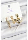 Pirinç Zİrkon Taşlı Kalp Model Gold Renk 3lü Kadın Küpe