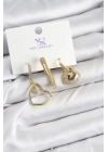 Pirinç Zİrkon Taşlı Kalp Model Gold Renk 3lü Kadın Küpe