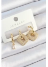 Pirinç Zirkon Taşlı Kare Model Gold Renk 3lü Çift Kadın Küpe Set
