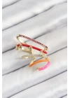 Pirinç Zirkon Taşlı Kırmızı Turuncu Pembe Sıkıştırma Sağ Kıkırdak Gold Renk Kadın Küpe