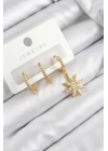 Pirinç Zirkon Taşlı Kutup Yıldızı Model Gold Renk 3lü Set Kadın Küpe