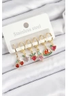 Pirinç Zirkon Taşlı Meyve Temalı Karışık Model Gold Renk 6lı Set Kadın Küpe