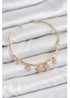 Pirinç Zirkon Taşlı Pembe Kalp Model Gold Renk Charm Bileklik