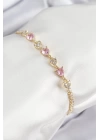 Pirinç Zirkon Taşlı Pembe Kalp Model Gold Renk Kadın Bileklik