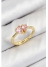 Pirinç Zirkon Taşlı Pembe Kalp Model Gold Renk Kadın Yüzük