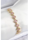 Pirinç Zirkon Taşlı Pembe Yonca Baget Model Gold Renk VIP Seri Kadın Bileklik
