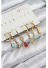 Pirinç Zirkon Taşlı Sallantılı Model Gold Renk 6lı Küpe Set