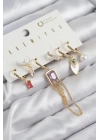 Pirinç Zirkon Taşlı Sallantılı Ve İncili Gold Renk 6lı Küpe Set