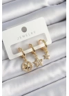 Pirinç Zirkon Taşlı Yıldız Model Gold Renk 3lü Çift Kadın Küpe Set