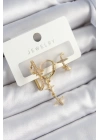 Pirinç Zirkon Taşlı Yıldız Model Gold Renk 3lü Çift Kadın Küpe Set
