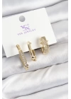 Pirinç Zİrkon Taşlı Yıldız Model Gold Renk 3lü Kadın Küpe