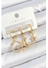 Pirinç Zirkon Taşlı Yıldız Ve Ay Model Gold Renk 3lü Çift Kadın Küpe Set