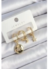 Pirinç Zirkon Taşlı Yıldız Ve Ay Model Gold Renk 3lü Çift Kadın Küpe Set