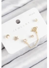 Pirinç Zirkon Taşlı Yıldız Ve Gezegen Model Gold Renk 925 Ayar Gümüş Çivi Kadın Küpe Set