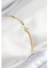 Pirinç Zirkon Taşlı Yonca Model Ezme Zincir Gold Renk Kadın Bileklik