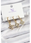 Pirinç Zİrkon Taşlı Yonca Model Gold Renk 3lü Kadın Küpe