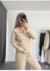 Polo yaka alt üst kollu modal takım bej pt