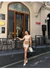POLYVİSCON ÇİFT KEMER DETAYLI ELBİSE - Bej