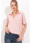 Pudra Oversize Polo Yaka Örme Bluz 0486