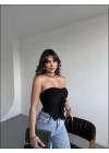 Sandy Asimetrik Büzgülü Straplez Bluz - Siyah