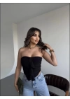 Sandy Asimetrik Büzgülü Straplez Bluz - Siyah
